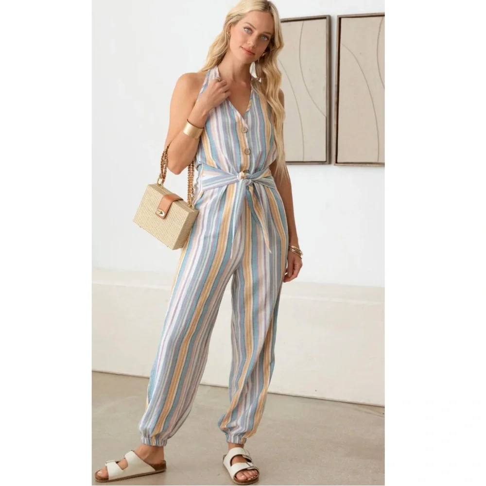 Halter stripe rayon/linen jumpsuit - Picture 2 of 7